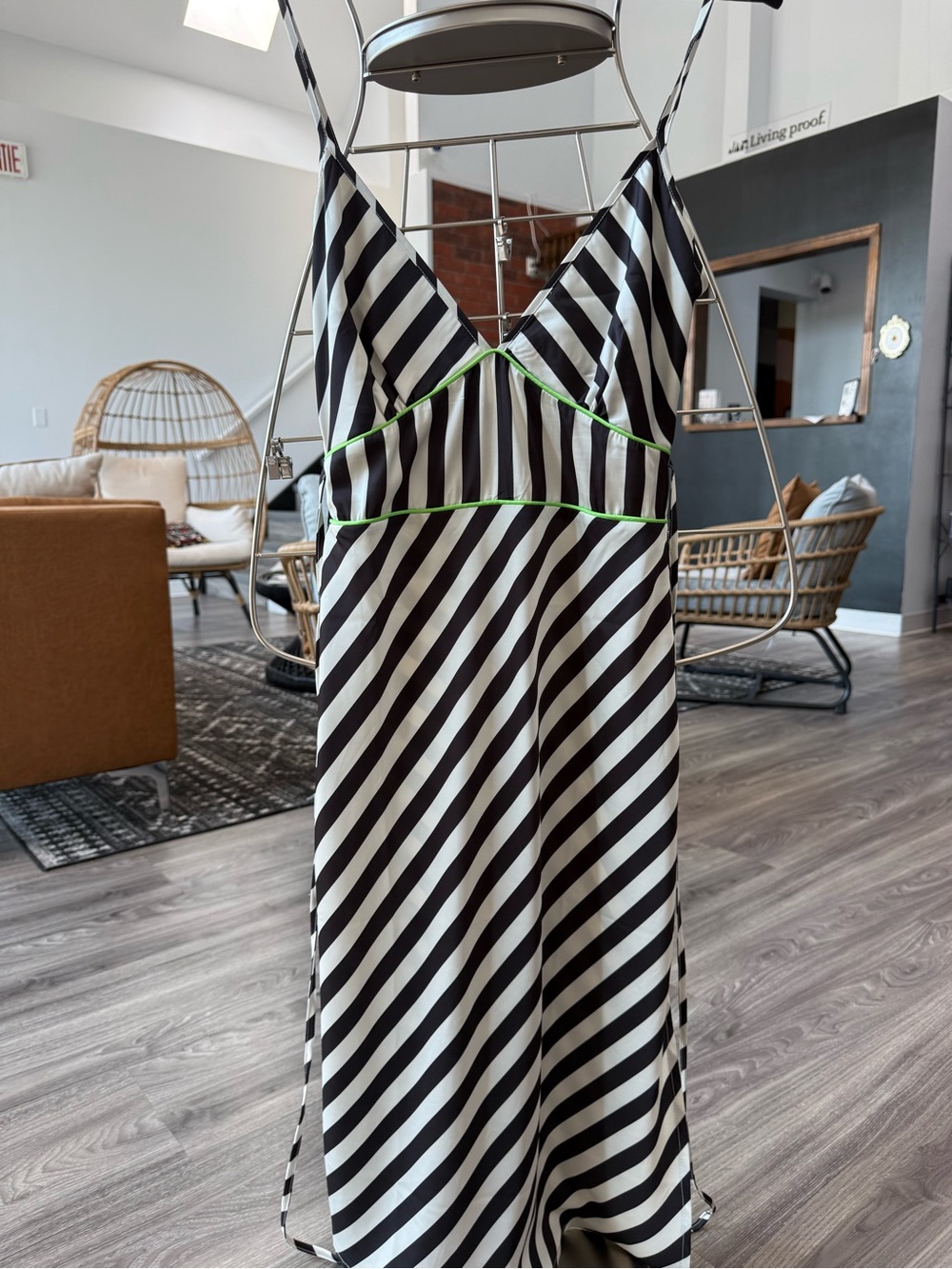 Black & White Diagonal Stripe Slip Dress with Lime Trim